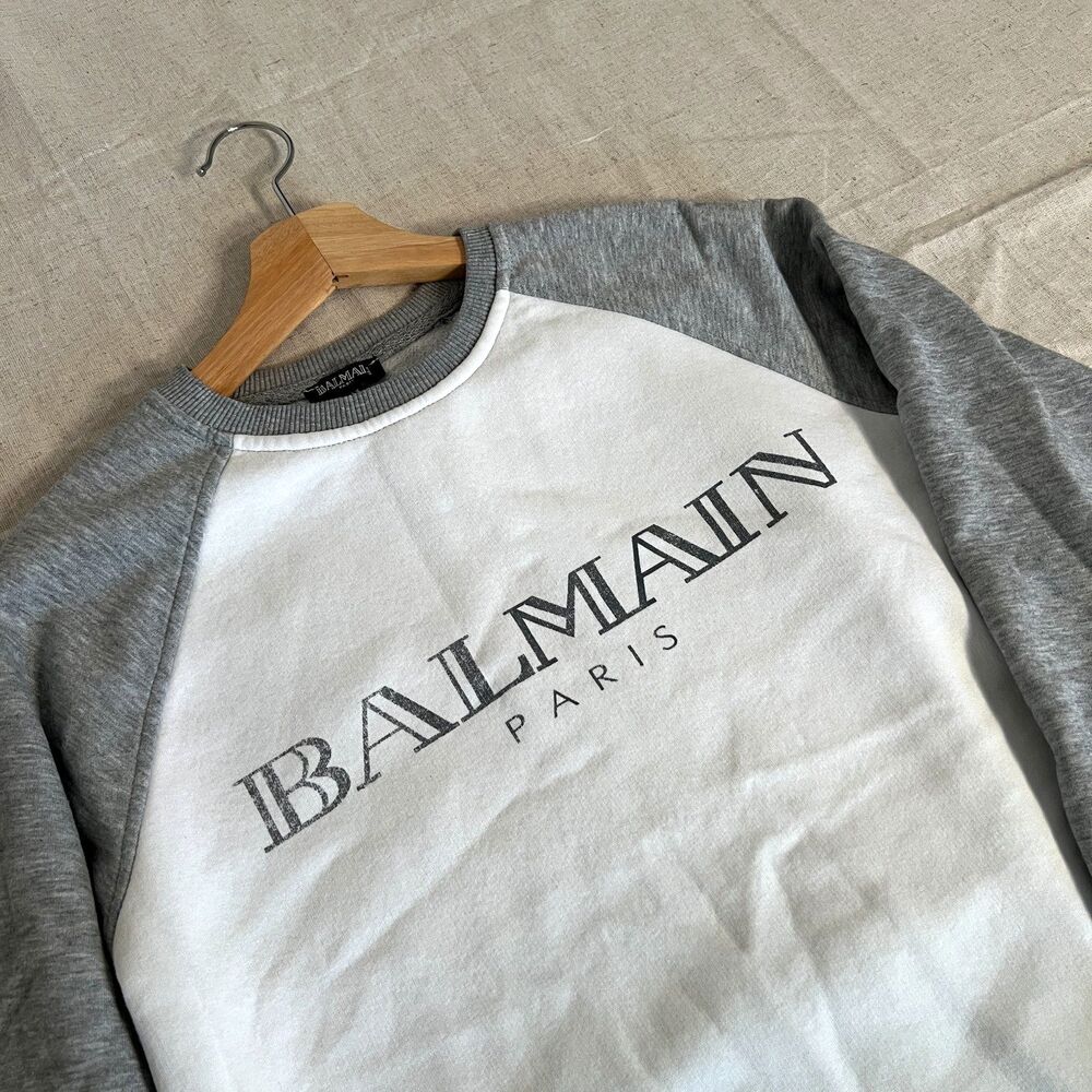 Balmain Paris Men’s Crewneck Sweatshirt Gray/White Raglan Logo Medium